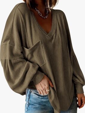BTFBM army green V-Neck Balloon Sleeve Top sweatshirt like large NEW